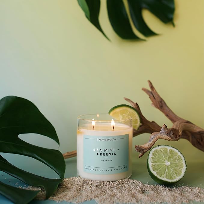 Calyan Wax Co. Sea Mist & Freesia 2 Wick Scented Candle - 37 Hour Burn - Luxury Non Toxic Soy Wax Candles - Long Lasting Large Glass Jar Candle for Home - 8.8oz