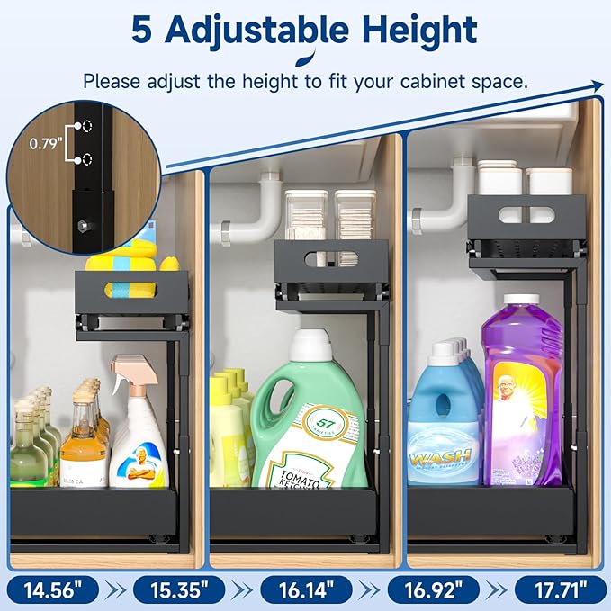 Upgrade Expandable Under Sink Organizer, Insputer 2 Tier Metal Under Cabinet Storage with 3 Slide Rails, Height Adjustable, Thickened Pull Out Drawer Shelf for Bathroom, Kitchen, Laundry, Pantry