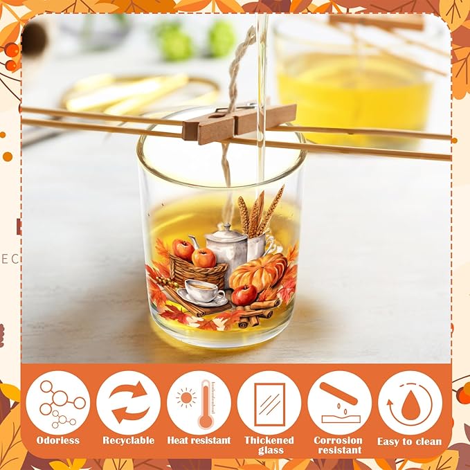 Ziliny 10 Pcs Thanksgiving Glass Candle Jars Empty Containers Bulk 7 oz Fall Pumpkin Harvest Sunflower Glass Jars with Cork Lids Tins for Candle Making Storing Biscuits Party Favors