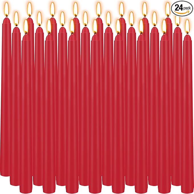 24 Pack Red Taper Candles, 10 Inch Classic Red for Valentine's Day Decor, 7-8 Hour Burn, Clean-Burning Unscented Bulk Candles for Holiday Dinner Table, Fireplace Mantel, Wedding Centerpiece
