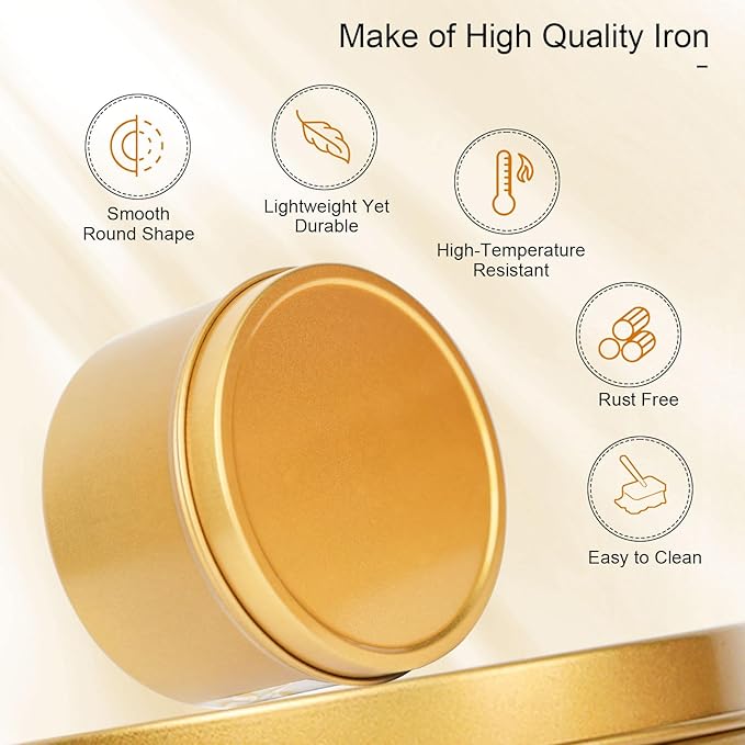 CONNOO 48 Pack Candle Tins - 24pcs 8oz + 24pcs 4oz Matte Gold Candle Jars with Lids for Making Candles, Bulk Empty Candle Containers with Sticky Warning Labels for Candle Making, Storage, and Gift