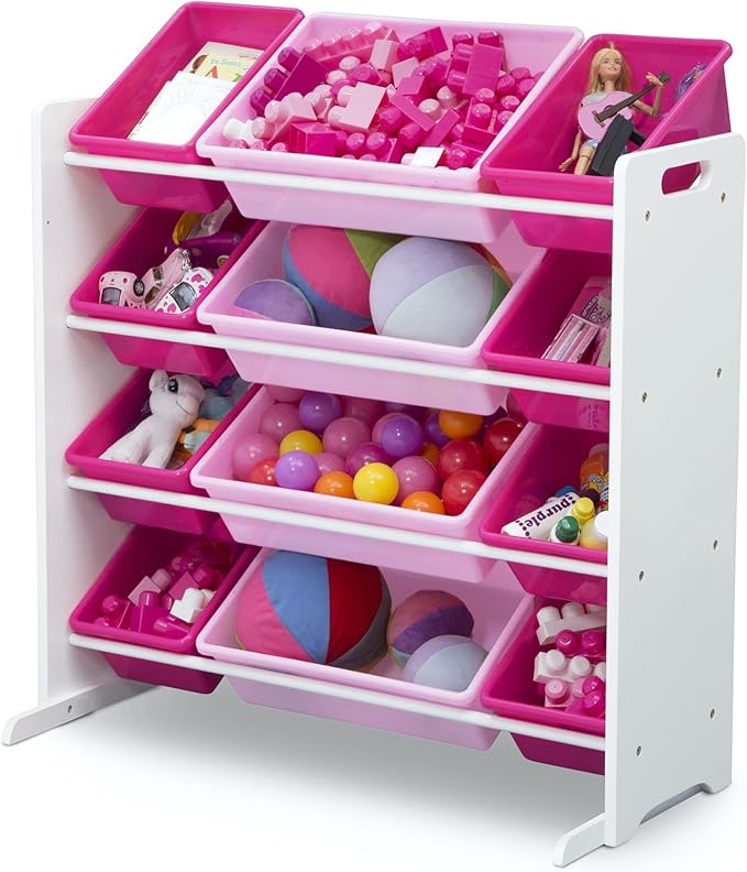 Delta Children Kids Toy Storage Organizer with 12 Plastic Bins - Greenguard Gold Certified, White/Pink