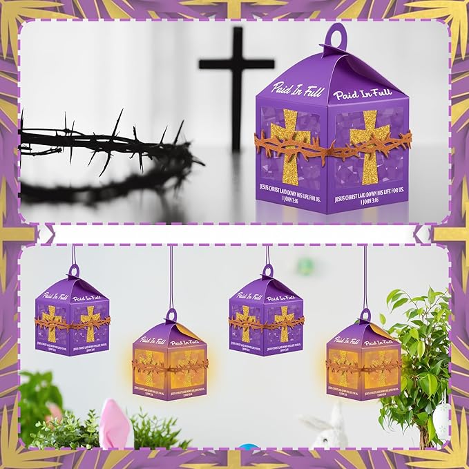 Simgoing 12 Sets Religious Easter Crafts Bulk Christian Cross Lanterns Crafts with LED Lights Glitter Cross Tissue Paper Lanterns for Easter Church VBS Sunday School Classroom Activities