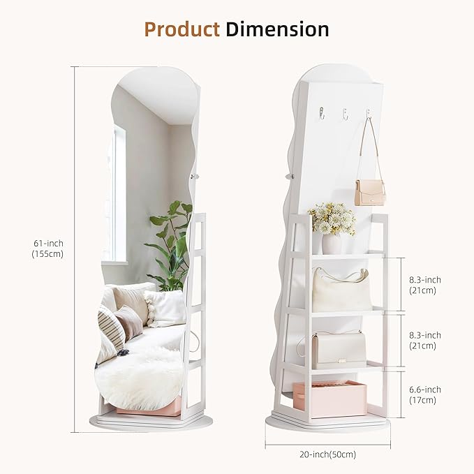 Lvifur 360° Swivel Jewelry Cabinet with Lights,LED Jewelry Organizer with Full Length Mirror, Lockable Wavy Mirror Jewelry Cabinet Standing with Rear Storage Shelves,Makeup Tray,White