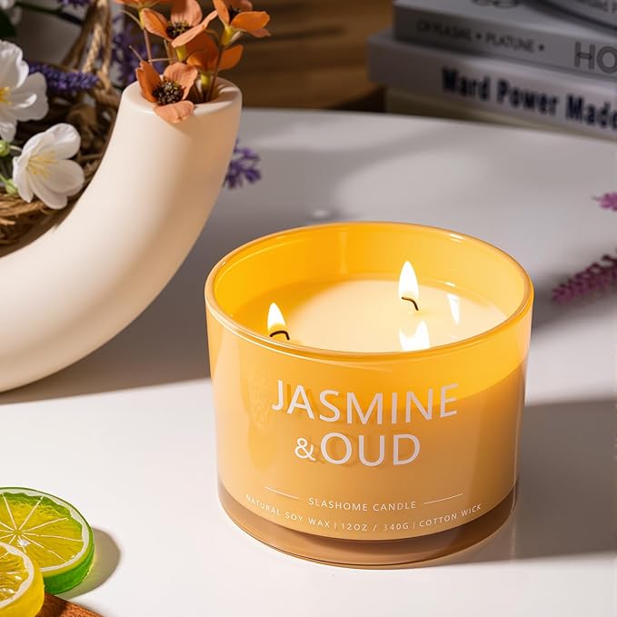Jasmine & Oud Scented Candle, Luxury Large 3 Wick Soy Candle 12 Oz, 60+ Hour Long Lasting Clean Burn, Elegant Aromatherapy Home Decor, Housewarming & Birthday Gift for Men & Women