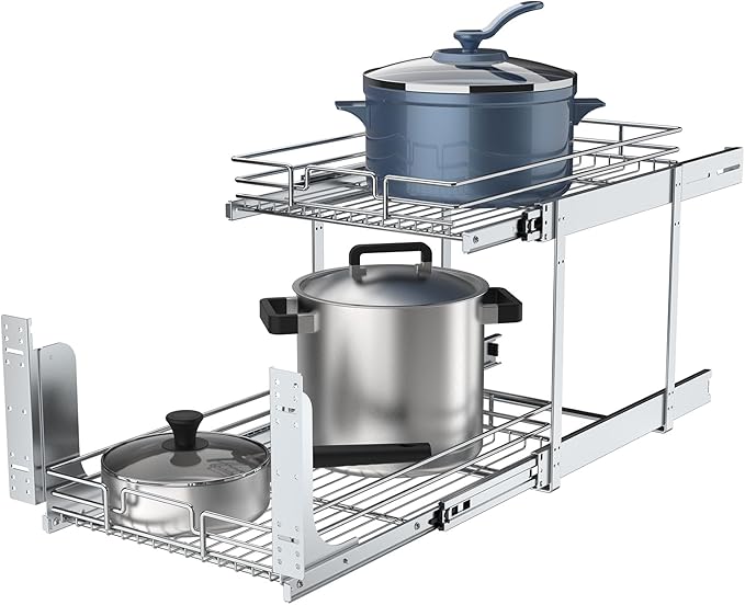 2 Tier Pull Out Cabinet Organizer, 20" W x 21" D Heavy-Duty Metal Sliding Drawer Shelf for Kitchen Cabinets, Chrome, Doesn't Include Door Fittings