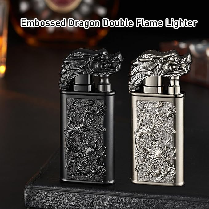 Torch Lighter, Cool Relief Dragon Dual Flame - Windproof Adjustable Jet Flame and Soft Flame, Refillable Butane Lighter for Gift, Candle, BBQ, Kitchen, Camping (Without Butane)-Black Ice