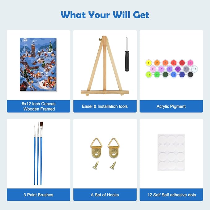 MOGTAA Christmas Paint by Numbers Kit for Adults Beginners with Frame, Christmas Winter Adult Paint by Number Kits on Canvas with Easel, Easy DIY Oil Painting Kits for Home Decor, 8x12in
