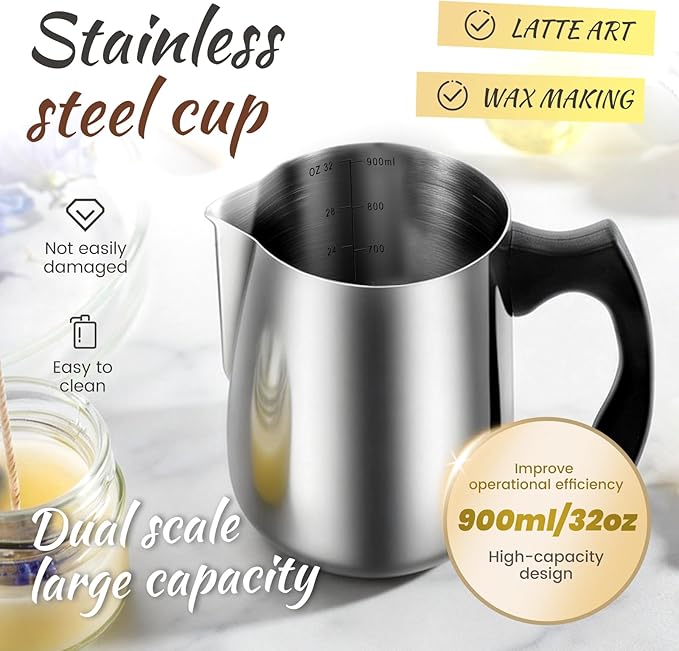 32 oz Stainless Steel Candle Making Pouring Pot, Wax Melting Pouring Pitcher with Insulated Plastic Handle and Dripless Spout for Candle Lover(black)