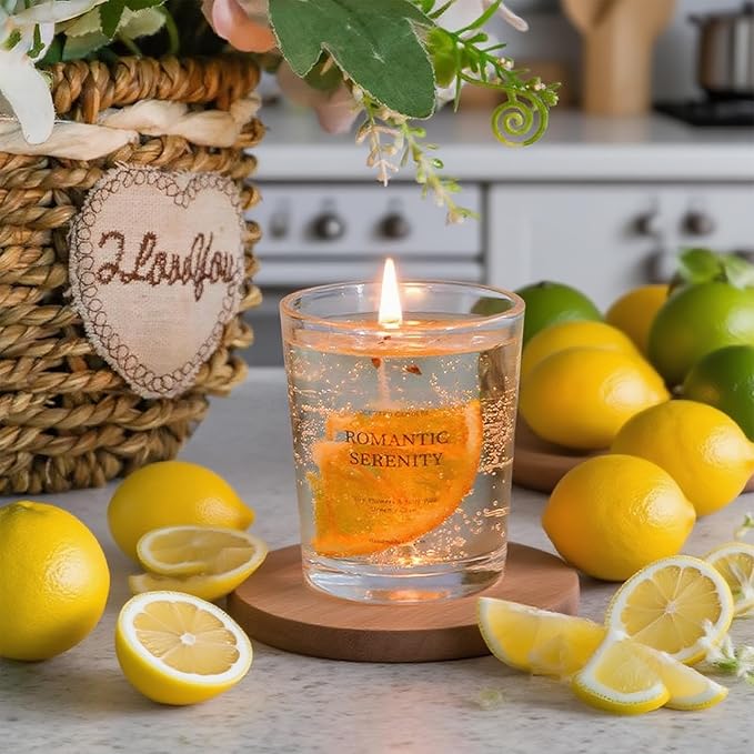 Gel Wax Candle,Sparkling Real Rose & Gold Flakes Candle in Glass Jar,Floral Scented,Smokeless Clean Burn,Glam Home Decor or Wedding,Bridesmaid Gift,Photo Prop,Self Love Healing (Fruit)