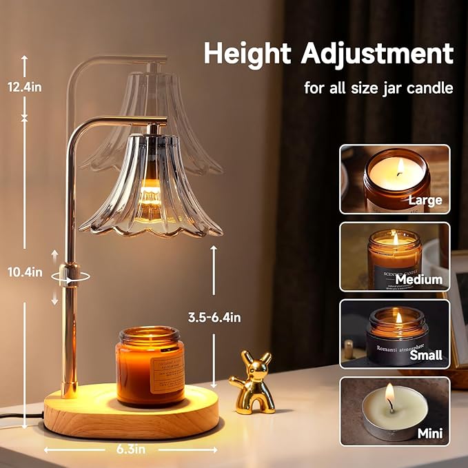Candle Warmer Lamp with Timer and Dimmer, Adjustable Height Wax Melter for Scented Jar Candles, Vintage Glass Shade Home Decor, Gifts for Women and Mom, 2 Bulbs Included