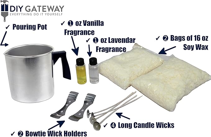 Soy Candle Making Kit & Supplies: Complete DIY Set with 2 LB Soy Wax, Vanilla & Lavender Scents, Wicks + Holders & Pitcher