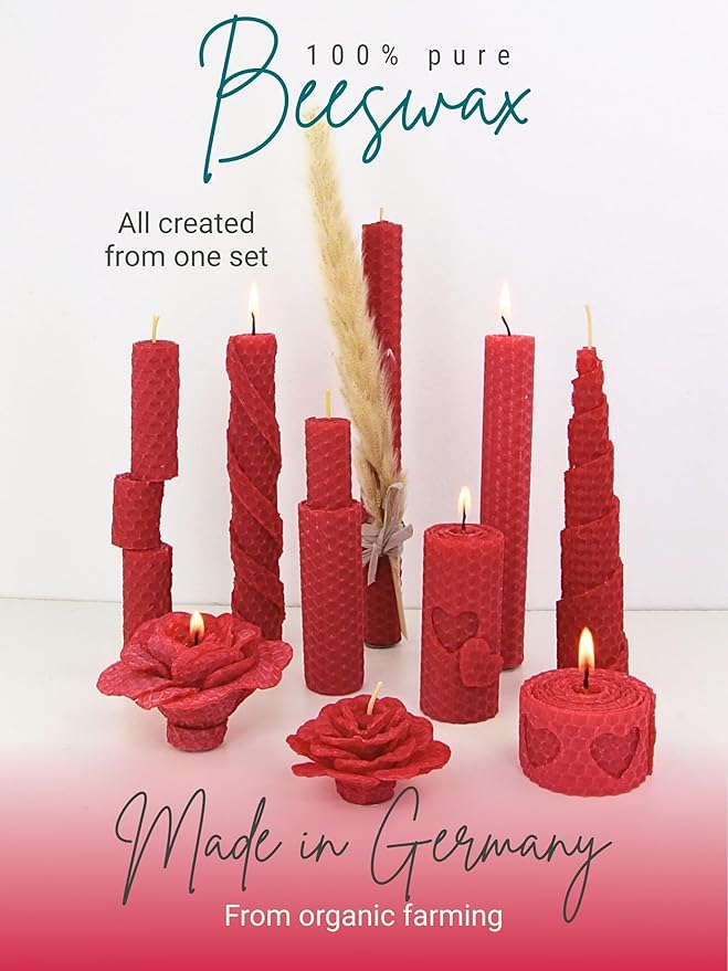 Wachsmann DIY Beeswax Candles Craft Set - Starter Set for 10 Candles in Many Colours - 100% Pure Beeswax from Germany, Includes 10 Hemp Wicks & Illustrated Instructions (English language not