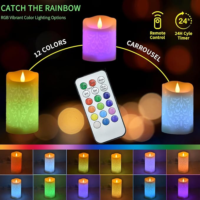 NICEME Rechargeable Color Changing Candles with Remote Timer USB Cable 3PCS LED Multi Colored Flameless Candles Battery Operated Real Wax USB Pillar Candles Flickering for Halloween Christmas Decor