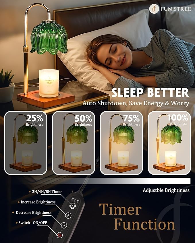Green Candle Warmer Lamp with Timer & Dimmer, Candle Lamp Warmer Adjustable Height, Mothers Day Birthday Gifts for Women Mom, House Warming New Home Decor,Lotus Flower Wax Warmer for Jar Candles