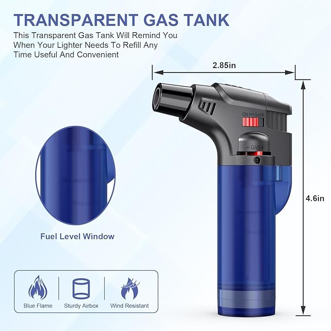 Torch Lighter, Butane Lighter, Windproof Butane Refillable Torch Flame Lighter, Multi Utility Lighter for Candles Fireplaces Campfires BBQ Grill Pilot Lights, 4 Pack (Butane Not Included)