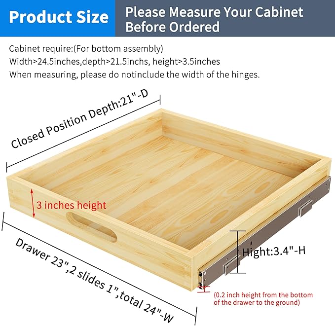 2 Set Pull Out Cabinet Organizer, Soft Close Slide Out Wood Drawer Storage Shelves for Kitchen, Base Cabinet Organization for Pantry, Finished, Heavy-Duty, Bottom Assembly (24” W x 21”