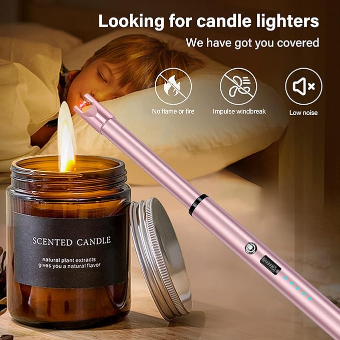 Navpeak Electric Candle Lighter Windproof USB Rechargeable Flameless Long Neck Lighter for Candles Gas Stove Fireplace BBQ Kitchen Grills (Pink)