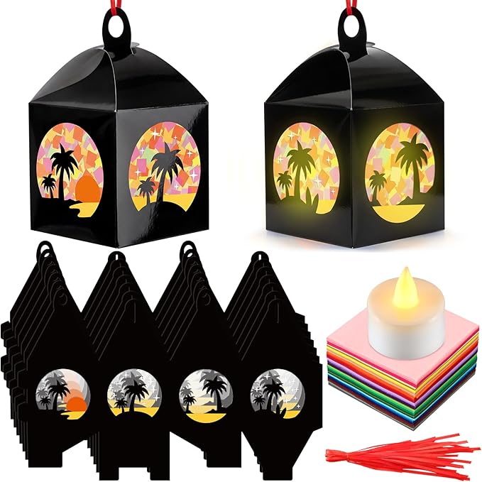 Simgoing 12 Sets Tropical Palm Tree Crafts with LED Candle Light DIY Hawaiian Summer Tissue Paper Craft Kits Hawaiian Luau Palm Tree Hanging Beach Jungle Embellishment for Home Decors Party