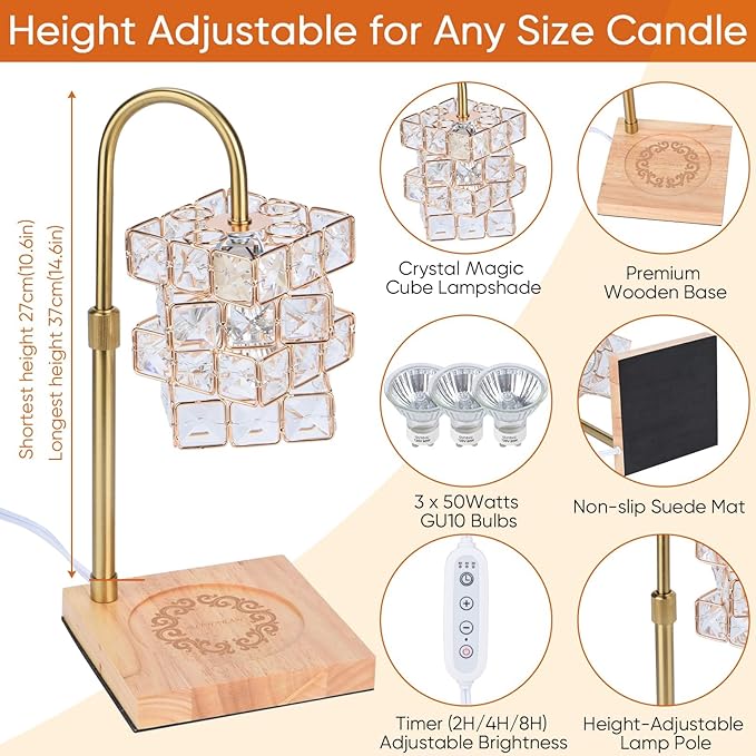 Alpharan Candle Warmer Lamp with Timer,Electric Candle Warmer Dimmable and Height Adjustable Wax Melt Warmer for Scented Wax Jar Candles,Aromatherapy Decorative Candle Heater Home Fragrance Warmer