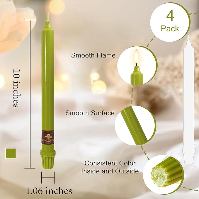 Light Green Taper Candle 10 Inch Long Candlesticks Unscented Dripless Tapered Candle Set for Home Decor Wedding Party Dinner Candles, 4 Pack