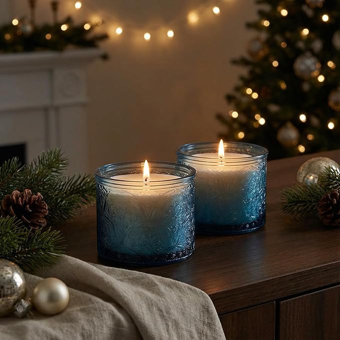 10 oz Embossed Glass Candle Container with Bamboo Lids and Labels,Blue Candle Jars for Making Candles,Mandala Design - Pack of 9