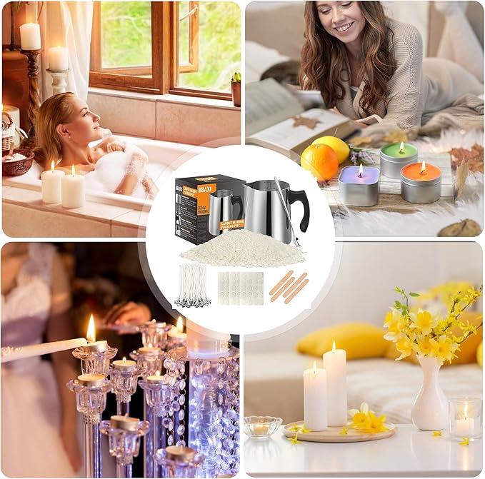 BBAXI Candle Making Kit - 32oz Pouring Pot, 16oz Soy Wax, Wooden Wick Holders, Candle Wicks, Stickers and Spoon