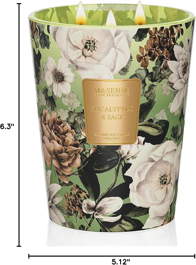 M&SENSE Eucalyptus Sage Soy Large Candles, 3-Wick 35oz 150H Slow Burning, Aromatherapy Candle for Sleep Support Winter Home Fragrance