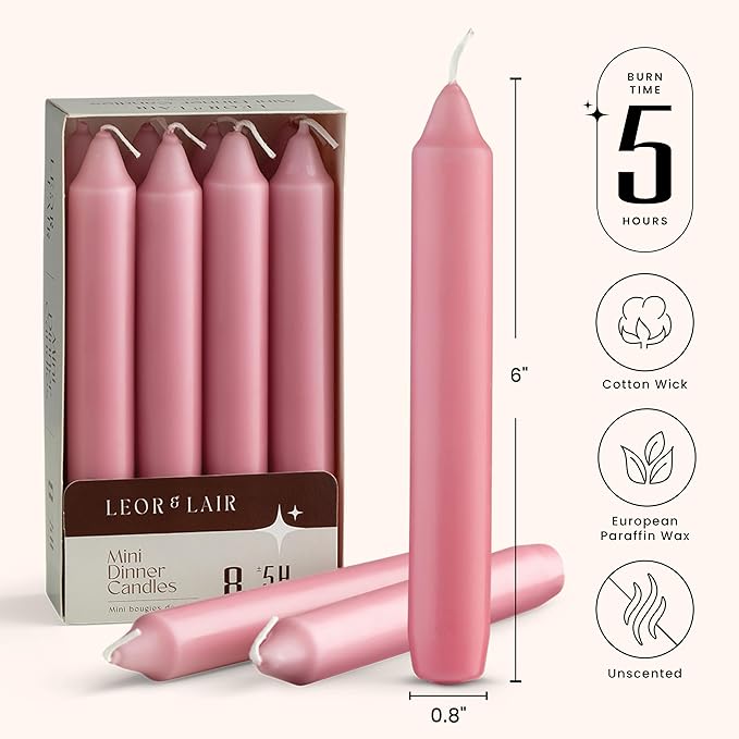 Leor & Lair Light Pink Candlesticks – Pack of 8 Short Taper Candles with Cotton Wick – 5 Hour Burn Light Pink Candles for Weddings, Valentine’s Day & Romantic Décor
