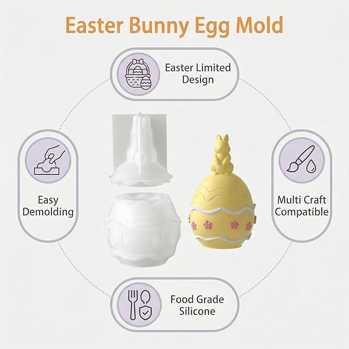 Easter Bunny Egg Candle Jar Silicone Mold, 3D Rabbit Egg Resin Mold with Base for DIY Candle Vessel, Storage Cup, Desktop Decor & Festival Craft Making