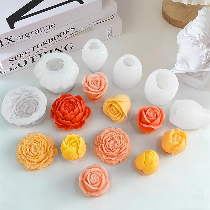 6 Pcs Flower Candle Molds, Different Flowering Peony/Rose/Tulips 3D Flower Silicone Molds for Candle Making, Handmade Soap, Epoxy Resin Casting Floral Home Decor, Wedding/Valentine/Mom Gifts