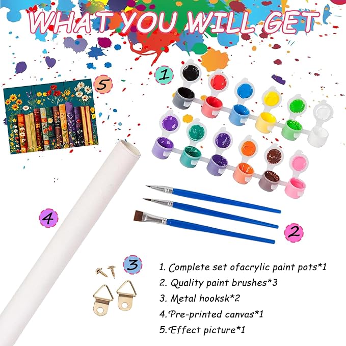 JJBSWYMT Book Paint By Numbers Kit for Adults Beginner, DIY Flower Paint By Numbers Kits, Easy Color Acrylic Paint On Canvas Book Flower Painting Kits Art,Home Wall Decor 16 x 16 Inch (Without Frame)