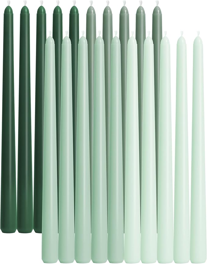 Viyffo Taper Candles, 12 Inch, 20 Pack, Green – Unscented, Smokeless Design, Up to 8-Hour Burn – Tall Candlesticks for Table Decor, Weddings & Dinners