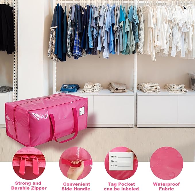 Extra Large Storage Bags, 23 Gallon Capacity, Pink Waterproof Moving Totes with Handles and Label Pocket, Heavy Duty Zipper (2, Jelly Pink)