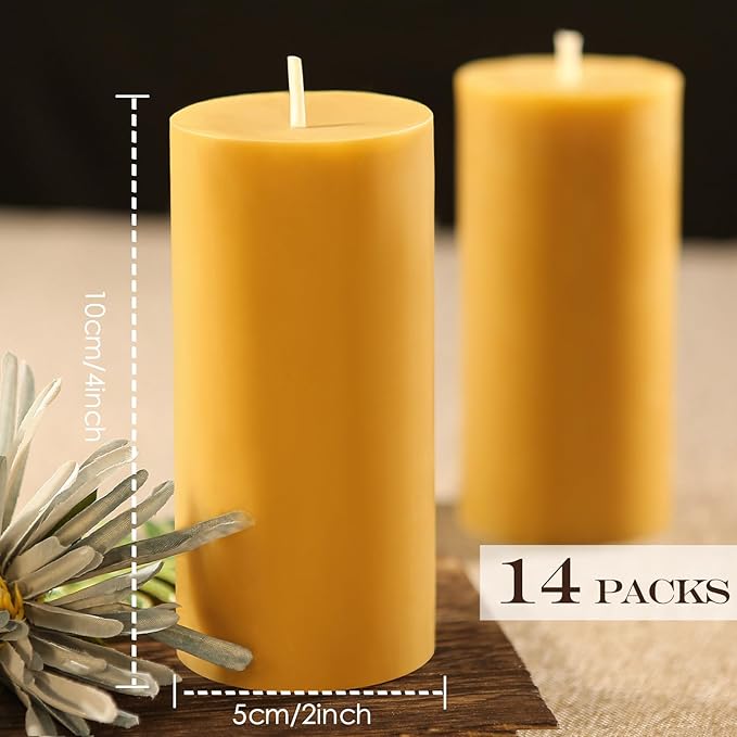14 Packs Natural Beeswax Candles, Beeswax Pillar Candles with 490 Hours Burn Time, Organic Bees Wax Candles for Home, Relaxation, Smokeless & Dripless, 2x4 inch