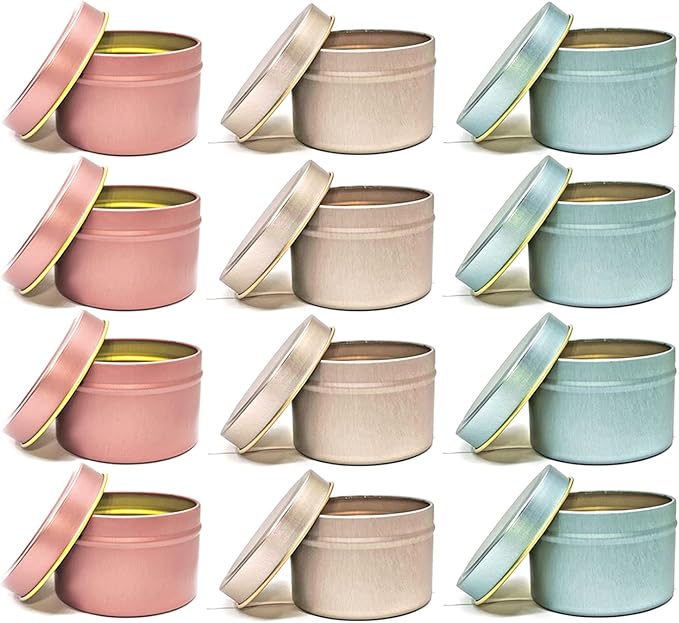Unixing 8oz 12Pcs Metal Candle Tins for DIY Candle Big Container for Making Light Blue Champagne Rose Gold Cantainer Tins
