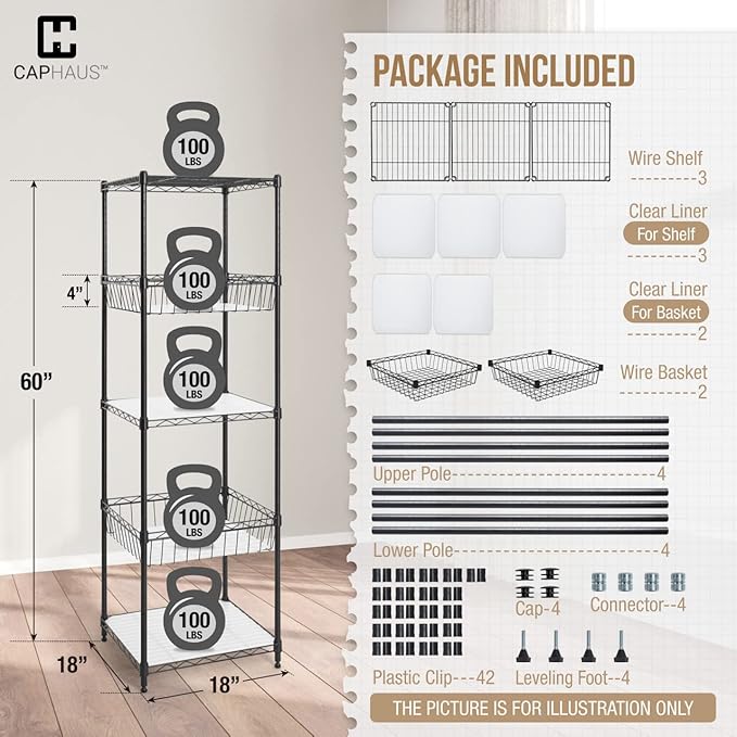 CAPHAUS NSF Adjustable Height 5 Tier Wire Shelving Unit w/Basket & Liner, Storage Rack Corner Shelves, Metal Storage Rack for Kitchen, Bathroom, Laundry Closet, Wire Shelving w/Basket Shelves Black