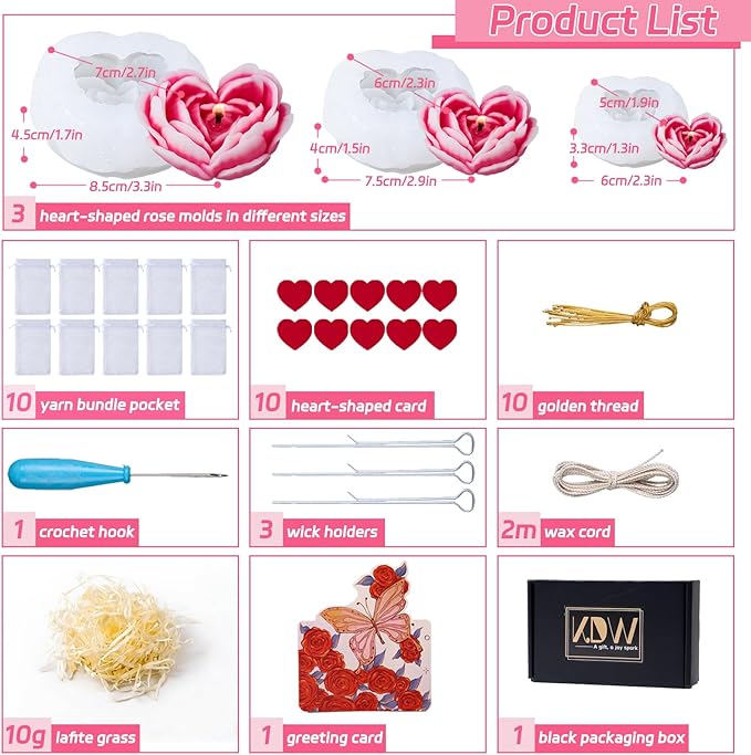 Heart Rose Silicone Molds Heart Candle Making Kit with Candle Wicks 3D Flower Silicone Molds for Candles DIY Handmade Soap Mould for Valentine's Day Gift