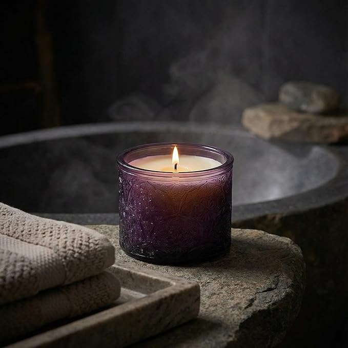 10 oz Embossed Glass Candle Container with Bamboo Lids and Labels, Purple Candle Jars for Making Candles, Mandala Design - Pack of 9