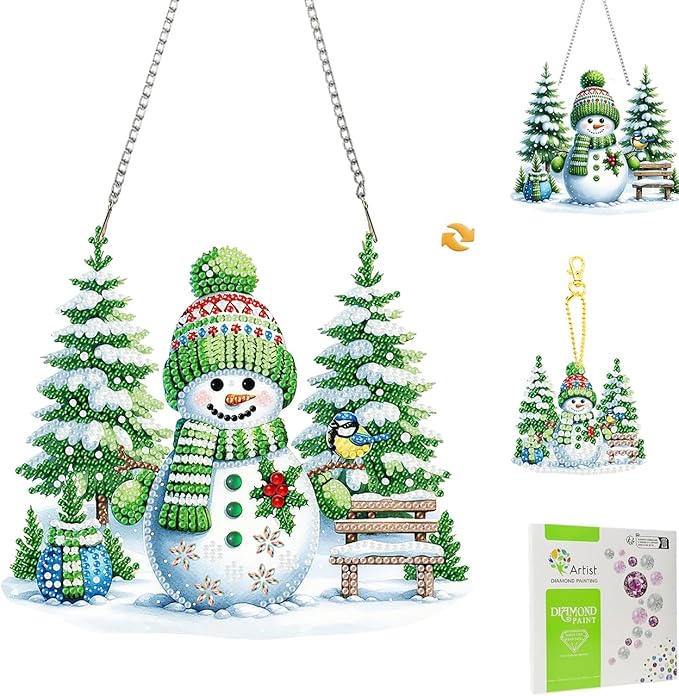 Masendp Christmas Diamond Art Painting Pendant DIY Green Cap and Scarf Snowman 5D Special Shape Crystal Diamond Mosaic Making Process, Christmas Ornaments Window Decoration Gifts