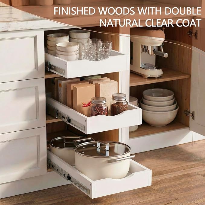 Menkxi 2 Set Wooden Pull out Cabinet Organizer Fully Assembled Slide out Pantry Drawer with Gentle Close Storage Shelf Tray for Base Kitchen Under Sink Bathroom Accessory