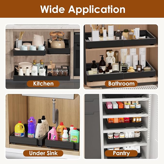 2 Pack Expandable Pull Out Cabinet Organizer 21" Deep, Adjustable Width 12.6"-20.5", No Drill Adhesive with Triple Track Rails, Heavy Duty Slide Out Drawers for Kitchen, Pantry, Cabinets,Black