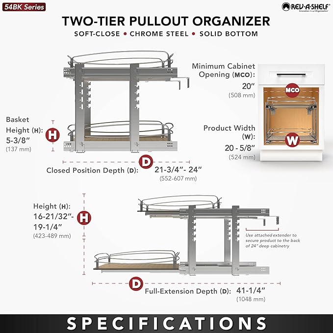 Rev-A-Shelf 2 Tier Pull Out Kitchen Cabinet Storage Organizer with Solid Bottom & Undermount Soft-Close Full Extension Slides, 54BK-21SC-2-1