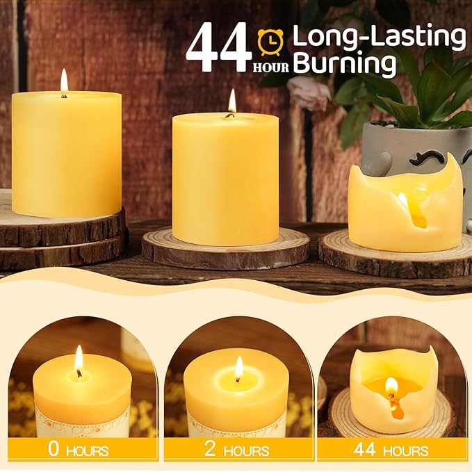 3 Pack Natural Beeswax Candles,132 Hours Long Burning-Bees Wax Candles for Home,100% Pure Beeswax Pillar Candle for Emergency,Paryer,Parties,Unscented Dripless Smokeless Pillar Candle Bulk 2.8x3in