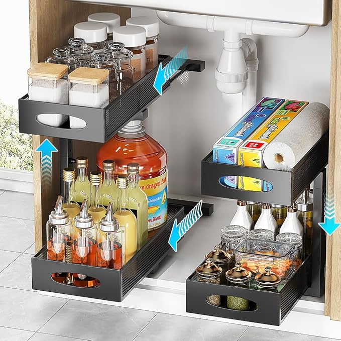 2 Pack Under Sink Organizer and Storage, 2 Tier Pull Out Sliding Cabinet Shelf, 5-Level Height Adjustable Thickened Carbon Steel Storage Rack for Kitchen Bathroom Cabinet, Black