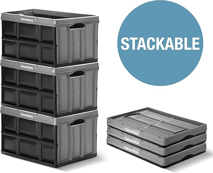 CleverMade Collapsible Storage Bins 62L (3-Pack) – Heavy Duty Collapsible Plastic Storage Bins, Large Stackable Folding Storage Bins for Garage, Car, Grocery & Home Organization - Stone