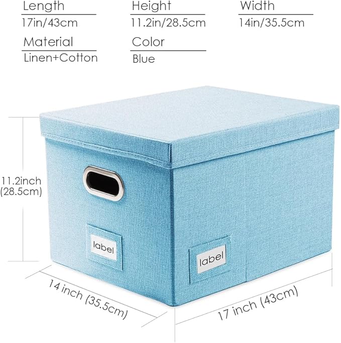 PRANDOM File Organizer Box - Set of 1 Collapsible Decorative Linen Filing Storage Hanging File Folders with Lids Office Cabinet Letter/Legal Blue (17x14x11.2 inch)