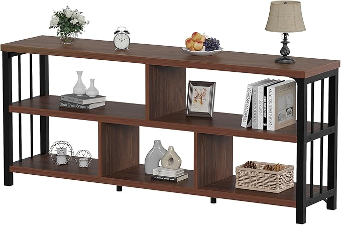 IBF Long Bookshelf, 63” Wide Low Open Book Shelf, Industrial 5 Cube Horizontal Bookcase for Bedroom Home Office, 3 Tier Wood Metal Cubby Storage Organizer Shelf for Living Room, Walnut, 63 Inch