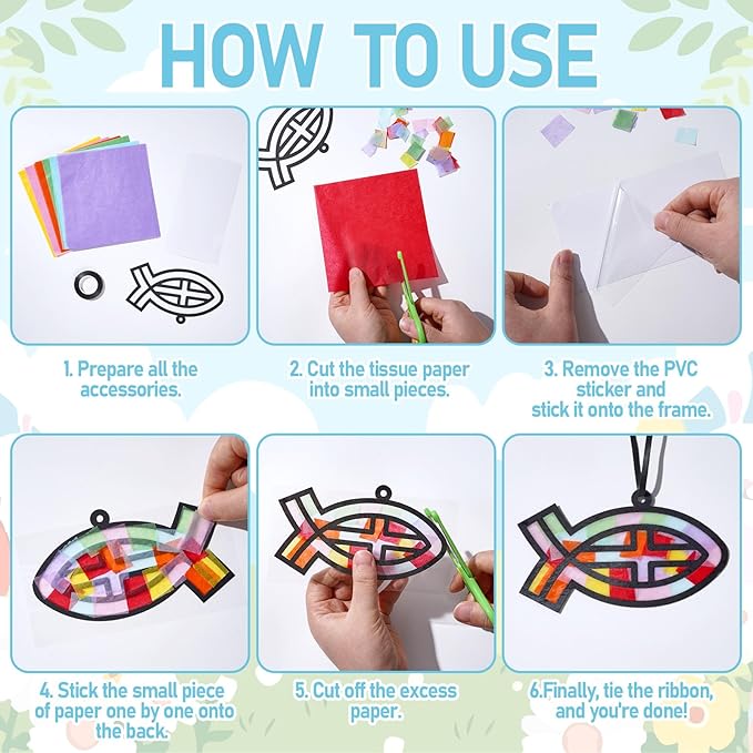 Qyeahkj 36 Set Christian Jesus Cross Fish Suncatchers Crafts for Kids DIY Religious Faith Fish Window Tissue Paper Craft Kit VBS Hanging Decor for Summer Sunday School Home Activity Church Art Project