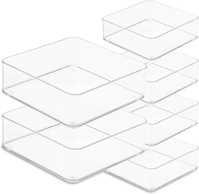 primebox Plastic Clear Drawer Organizers. Bathroom, Kitchen, Bedroom, Makeup, Office Organizer Bins, Storage Trays. Heavy Duty, Stackable. 6" x 6" x 2" Set of 6